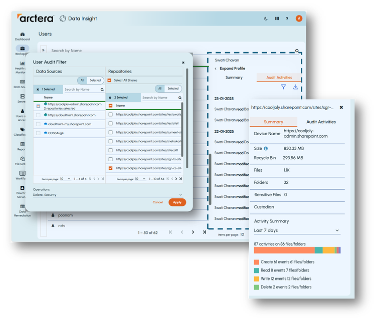 Data Insight user audit filter screenshot - Juniper Release