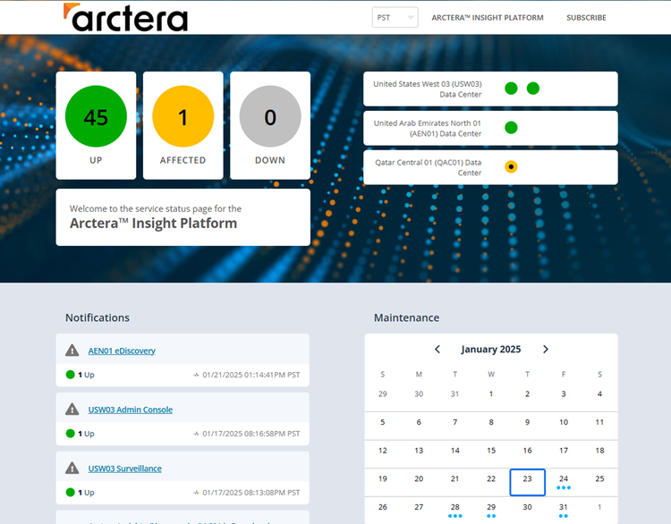 Arctera Insight Platform service status page screenshot