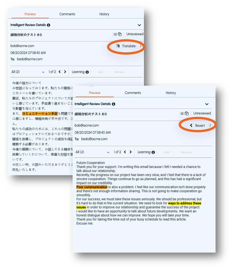 Screenshot of transcription translation
